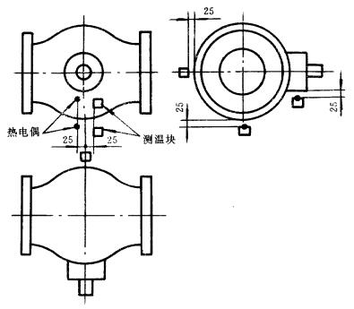 图 4 对于公称通径 DN＞150 mm 的试验阀，测温块和丈量火区温度热电偶的设置