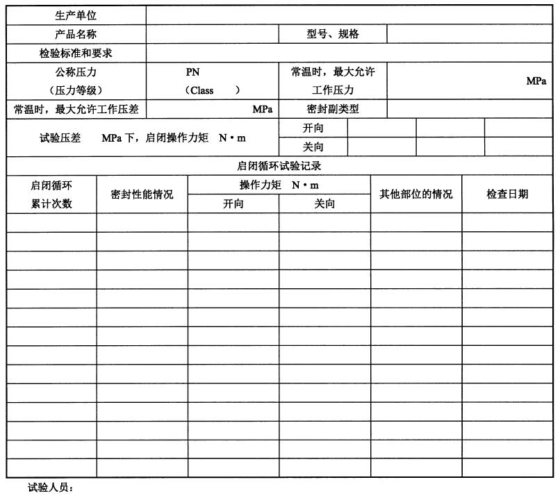 表 A.1 闸阀静压寿命试验纪录表 表 A.1 闸阀静压寿命试验纪录表