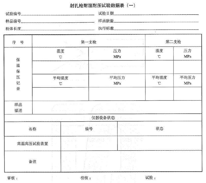 图2射孔枪耐温耐耐压试验数据表体式(一) 图2射孔枪耐温耐耐压试验数据表体式(一)
